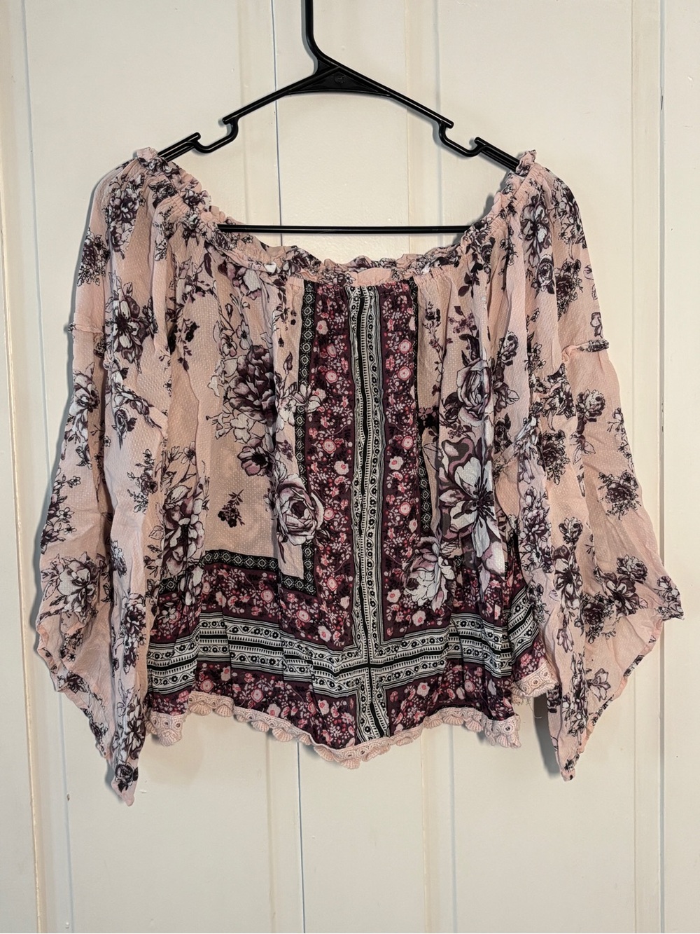 Coco+Jaimeson Romantic Boho Chic Floral Off-Shoulder Bell Sleeve Ren Faire Top